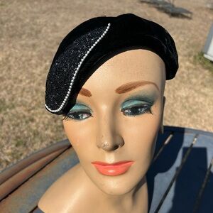 Vintages 50s Black Velvet Beret with Beaded Detail